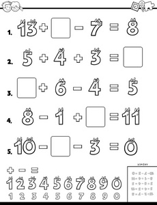黑白卡通教育数学计算拼图的插图儿童着色书工作表