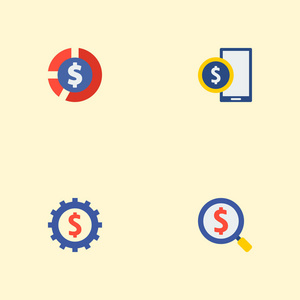一套金融图标平面样式符号与电话, 设置, 搜索和其他图标为您的 web 移动应用程序徽标设计