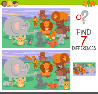 卡通插图的发现七之间的差异图片儿童与动物角色的教育难题