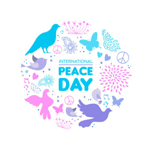 国际和平日卡片插图, 鸽子鸟手画涂鸦装饰与自然元素为特别庆祝。Eps10 矢量