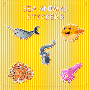 贴纸上的可爱卡通海洋动物矢量插画