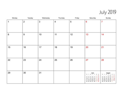 2019年7月简单的日程表计划者, 星期从星期一开始