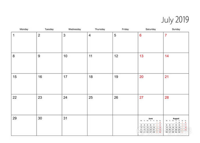19年7月简单的日程表计划者 星期从星期一开始插画 正版商用图片09mjhq 摄图新视界