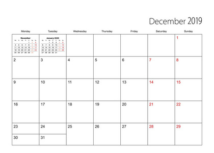 19年11月简单的日程表计划者 星期从星期一开始插画 正版商用图片09mnil 摄图新视界