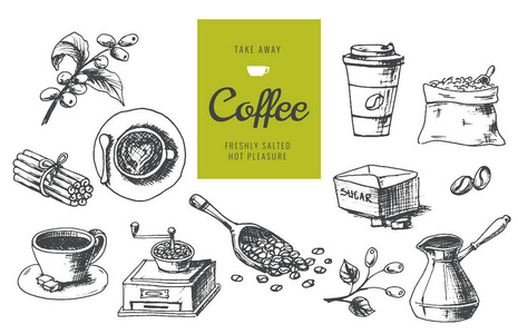 手绘咖啡插图。线性图形详细图标