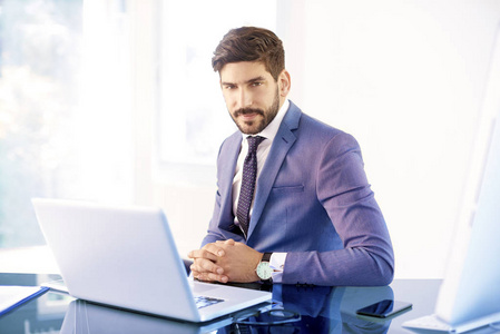 执行财务顾问商人的肖像穿着西装和领带, 而坐在办公桌和笔记本电脑的工作