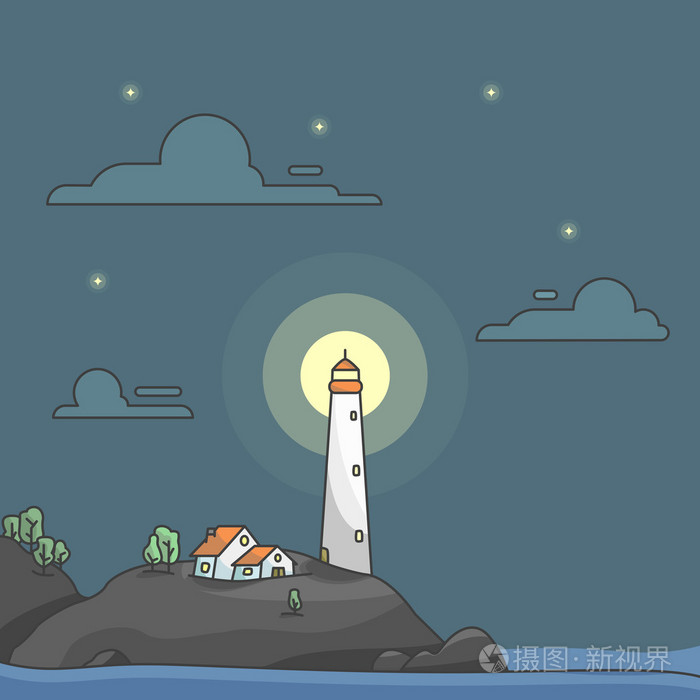 在晚上,风景矢量背景的海水中的灯塔