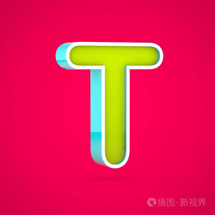 多汁字母 t 大写.3d 彩色石灰和蓝色字体在热粉色背景下的渲染