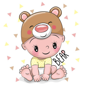 在白色背景上的熊帽子可爱卡通男婴照片