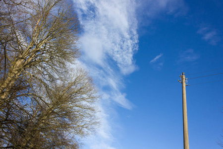 在德国南部冬季靠近慕尼黑和斯图加特的德国南部的蓝天上的电线杆