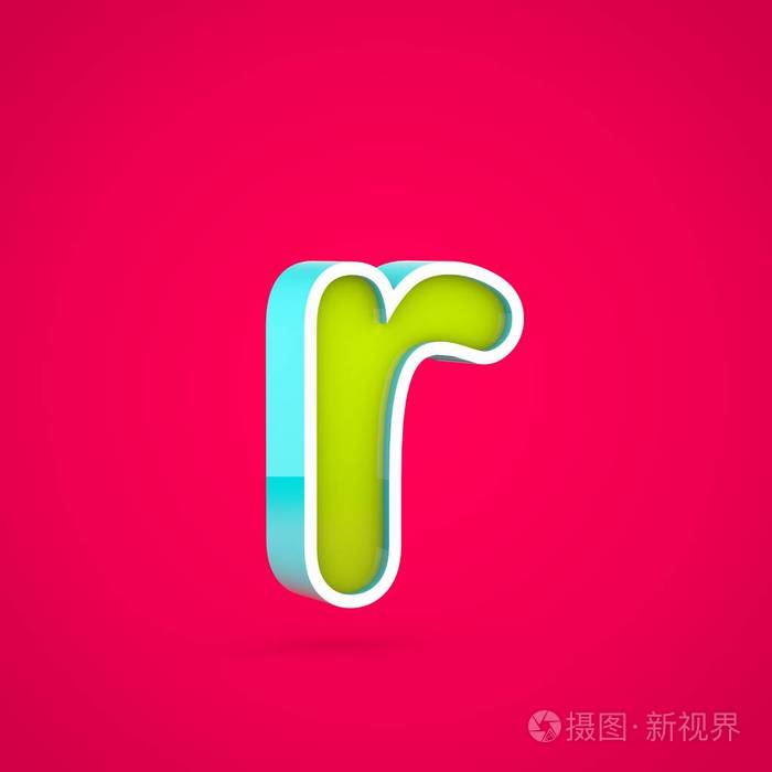 多汁字母 r 小写.3d 彩色石灰和蓝色字体在热粉色背景下的渲染