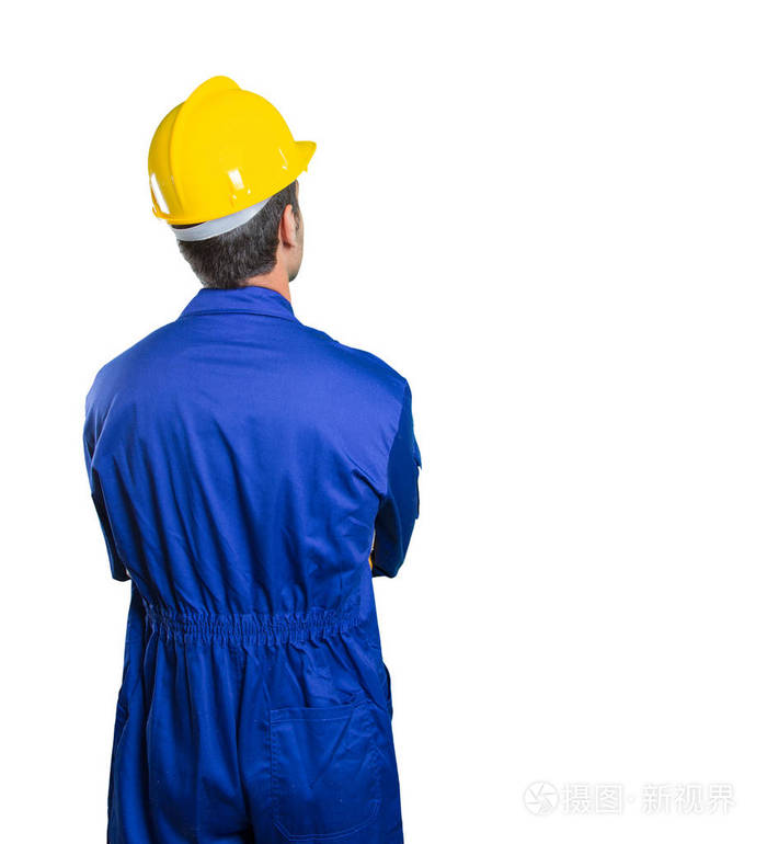 工人回来思考在白色背景