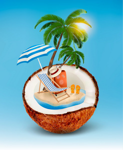 度假概念。棕榈树 手提箱和一把伞在 cocon