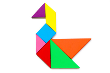 形状的天鹅彩色木七巧板在天鹅形状上的白色背景拼图照片