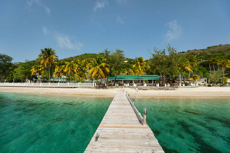 Bequia 岛上的白沙棕榈树和绿松石加勒比海海水宁静的热带海滩