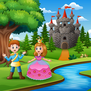 美丽的公主和王子在河边的童话图片
