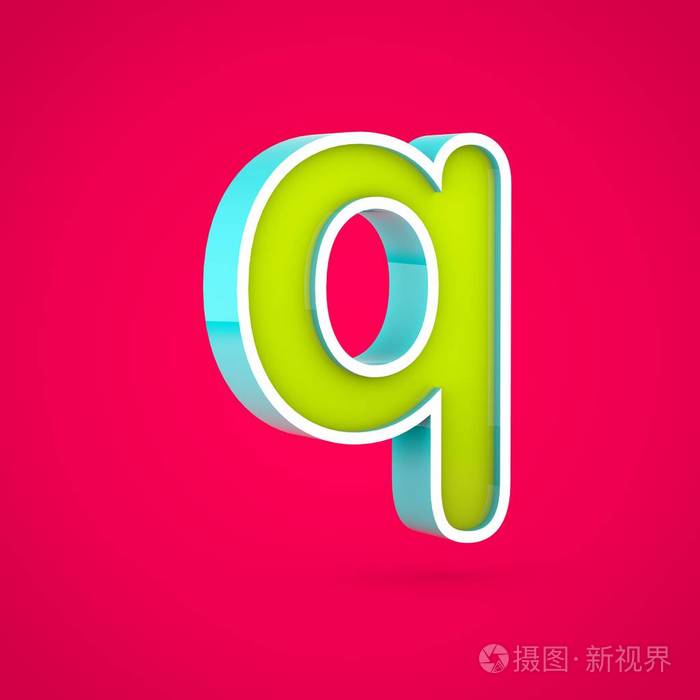 多汁字母 q 小写.3d 彩色石灰和蓝色字体在热粉色背景下的渲染