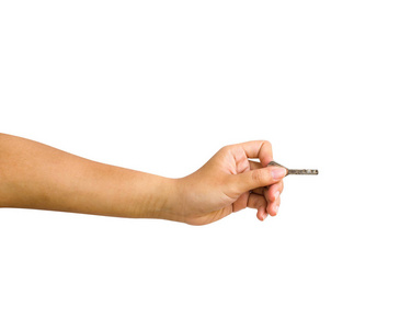 按住键的人的特写手与白色背景包括修剪路径照片