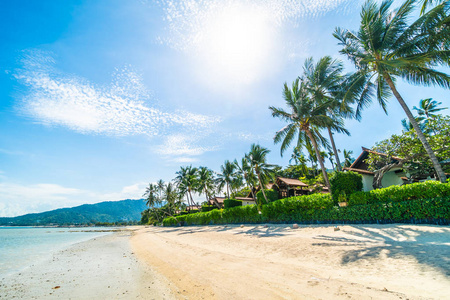 美丽的热带海滩海和沙子与椰子棕榈树在蓝天白云为旅行和假期