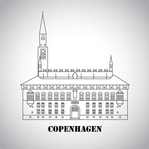 丹麦哥本哈根市政厅广场。平面卡通风格的历史景点。向量例证。旅游观光系列