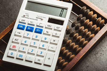 关闭老式的木制算盘和计算器照片