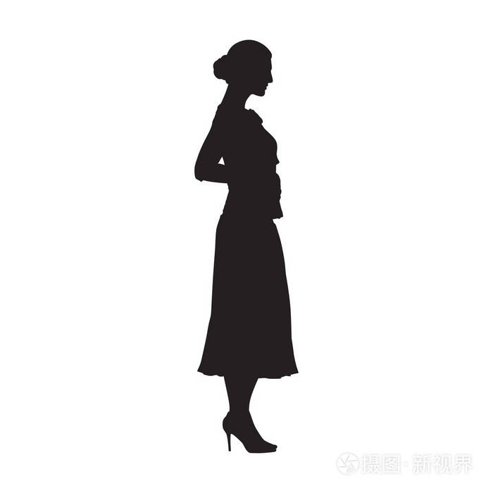 妇女站在高跟鞋与手在口袋里侧视图隔离的矢量轮廓