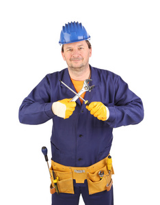 工人的安全帽用螺丝刀