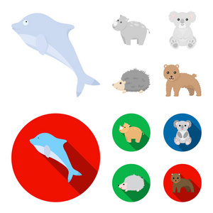 犀牛, 考拉, 豹, 刺猬。动物集合图标卡通, 平面式矢量符号股票插画网站