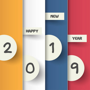 新的2019年快乐。问候卡。色彩鲜艳的设计。矢量插图