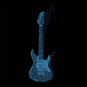 抽象电吉他的多边形光。业务线框网球从飞溅的碎片。摇滚乐的概念。蓝色结构样式栅格例证