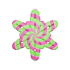 粉红色和绿色的节日雪花在白色背景下被隔绝。棒糖由条纹扭曲焦糖制成。3d 渲染