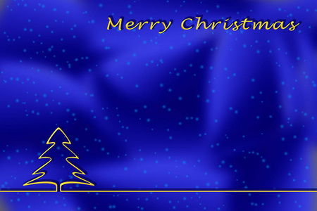 插图。圣诞祝福模板在蓝色背景下, 金色的圣诞树轮廓