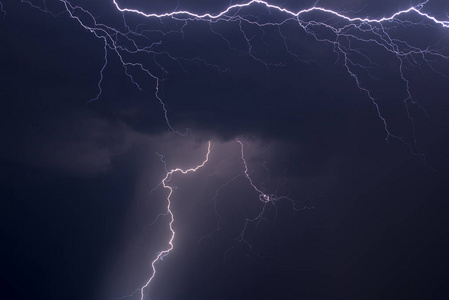 夜空中的闪电。暴风雨警告