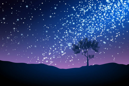 夜晚的风景与寂寞的树在星空下。银河系。沙漠之夜美丽的夜空与星星。向量例证。epps 10