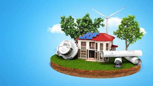 节能住宅的概念, 太阳能电池板和一个风车在一块土地附近的电能表3d 渲染蓝色