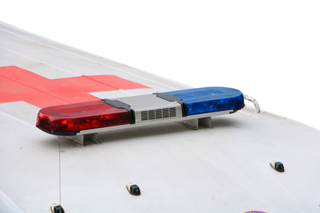 救护车上的红蓝灯警笛白色背景隔离和修剪路径照片