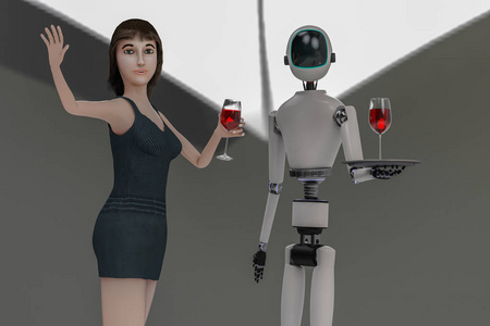 一个女人用机器人端酒3D渲染