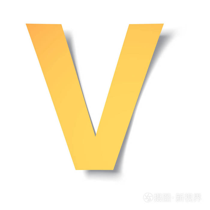 黄色金色字母 V 从纸上刻有柔和的阴影。矢量折纸