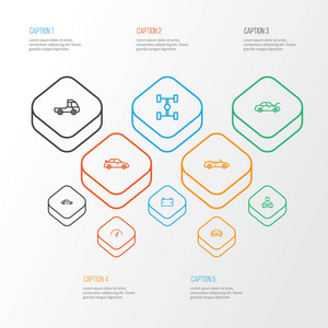 汽车图标线风格设置与轴距, 运动汽车, 车速表和其他蓄能器元素。独立矢量插图汽车图标