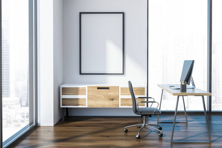 现代经理办公室内部有木地板白墙时尚电脑桌和海报架。3d 渲染模拟