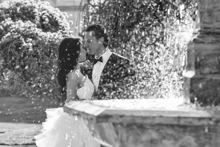 新婚夫妇亲吻喷泉水附近