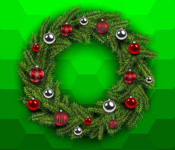 圣诞节花圈和闪亮的球与六边形图案。向量圣诞节背景