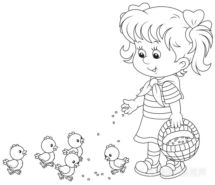 喂小鸡的女孩插画-正版商用图片09pdzn-摄图新视界