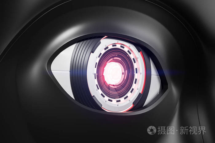 逼真的红色机器人眼睛与一个黑色机器人脸上的相机.