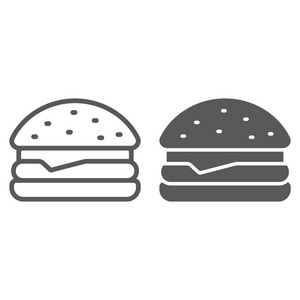 汉堡包线和字形图标, 食品和面包店, 快餐标志, 矢量图形, 在白色背景的线性图案