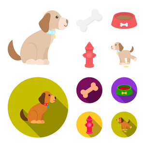 一根骨头, 一个消防栓, 一碗食物, 一只小便狗。狗集合图标在卡通, 平面风格矢量符号股票插画网站