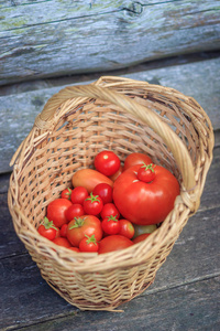 篮子里的西红柿在木质背景下。秋收。收获在夏天和秋天。自制的蔬菜。红色蔬菜