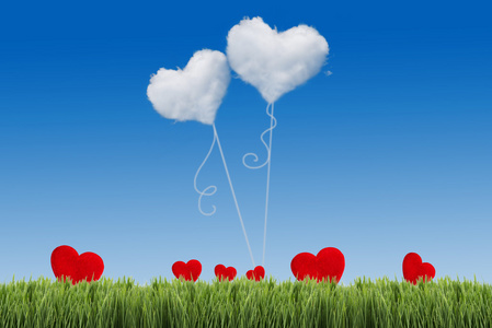 形状天空绿色的田野上它的心形状的蓝色天空下照片