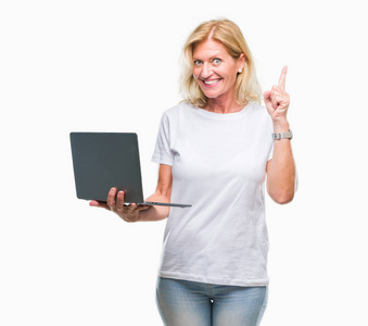 中年金发碧眼的女人使用电脑笔记本电脑在孤立的背景惊讶的想法或问题用快乐的脸指指点点, 第一