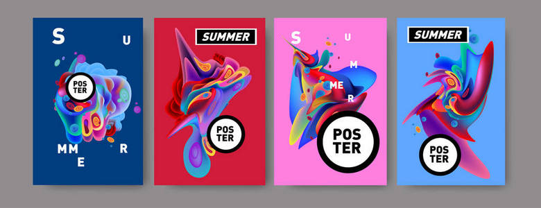 多彩夏日海报设计模板。夏季液体和流体背景